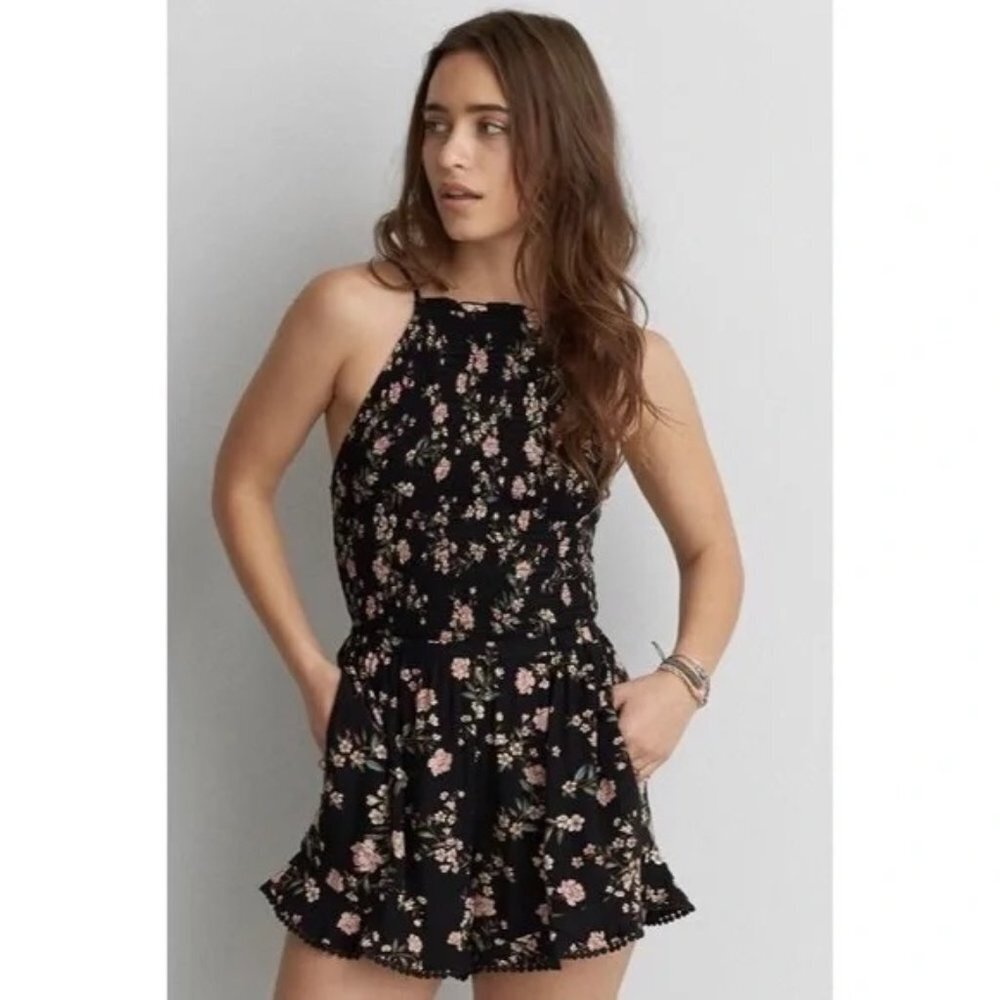 American Eagle Black Floral Halter Smock Romper